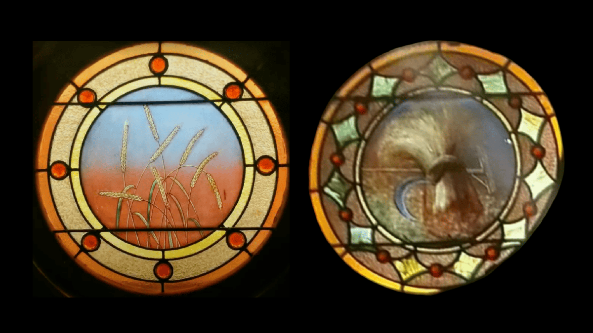 Two of the windows depicting wheat at First Methodist Church in Baraboo, WI